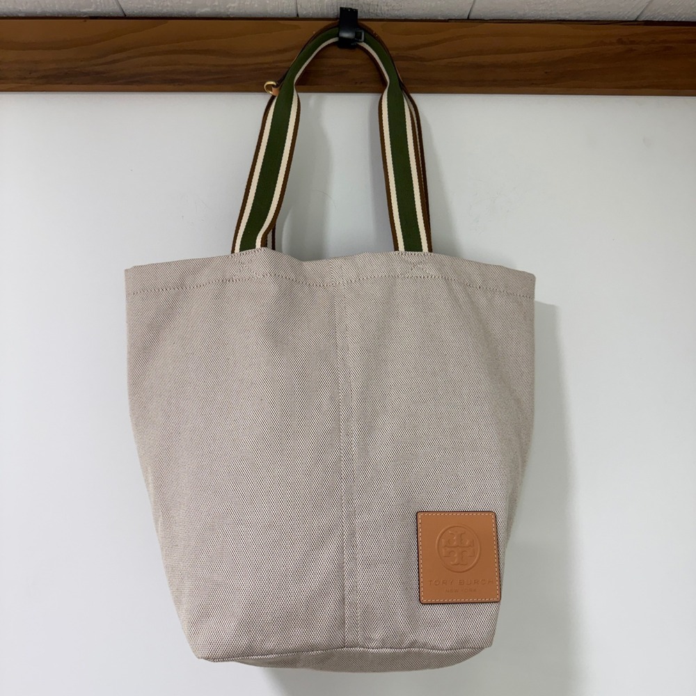 Tory Burch Womens Gracie Canvas Tote Bag Natural Leather Logo Striped Beige